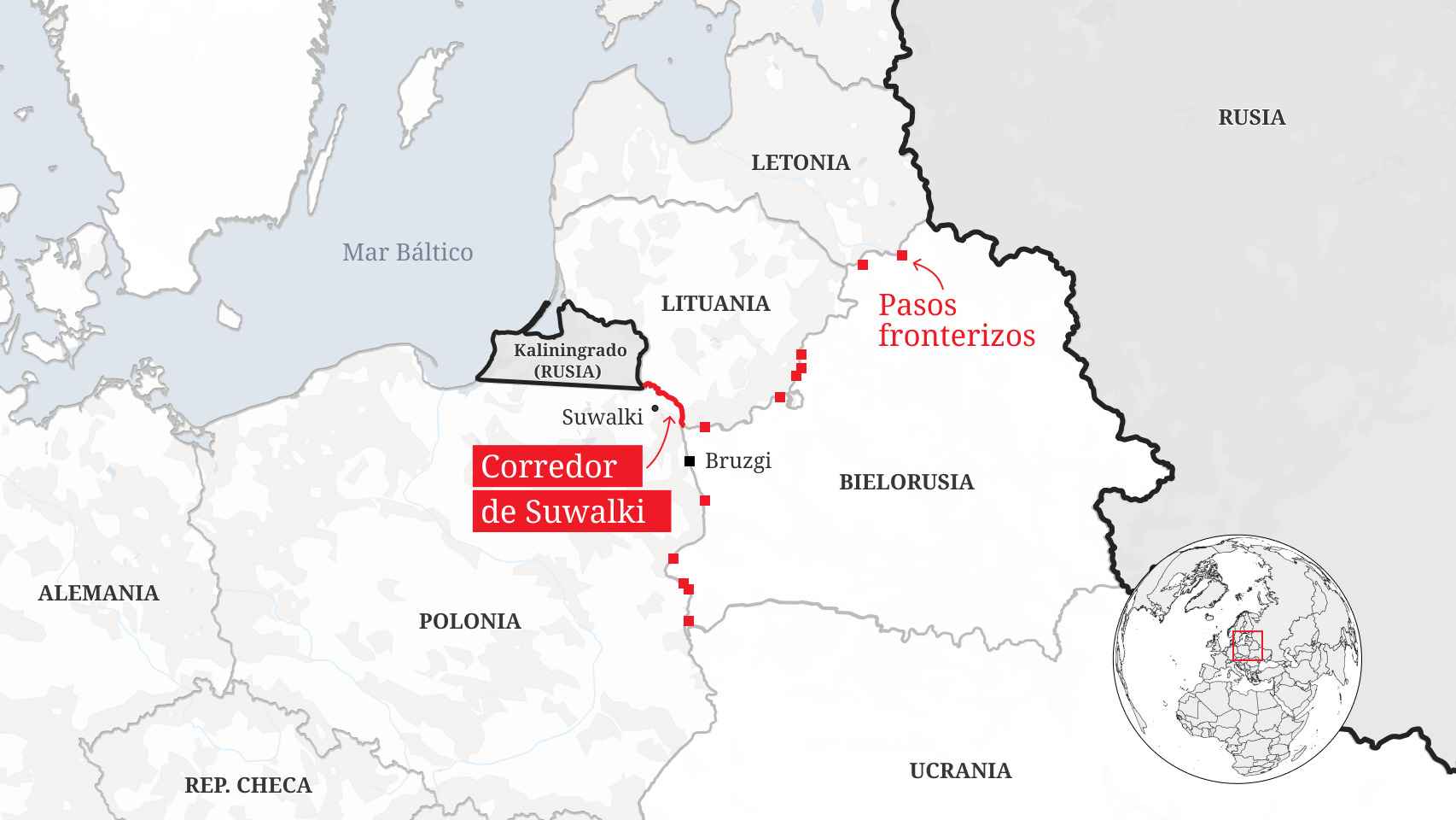 La situación del Corredor de Suwalki, entre Polonia, Lituania, Bielorrusia y Kaliningrado (Rusia).