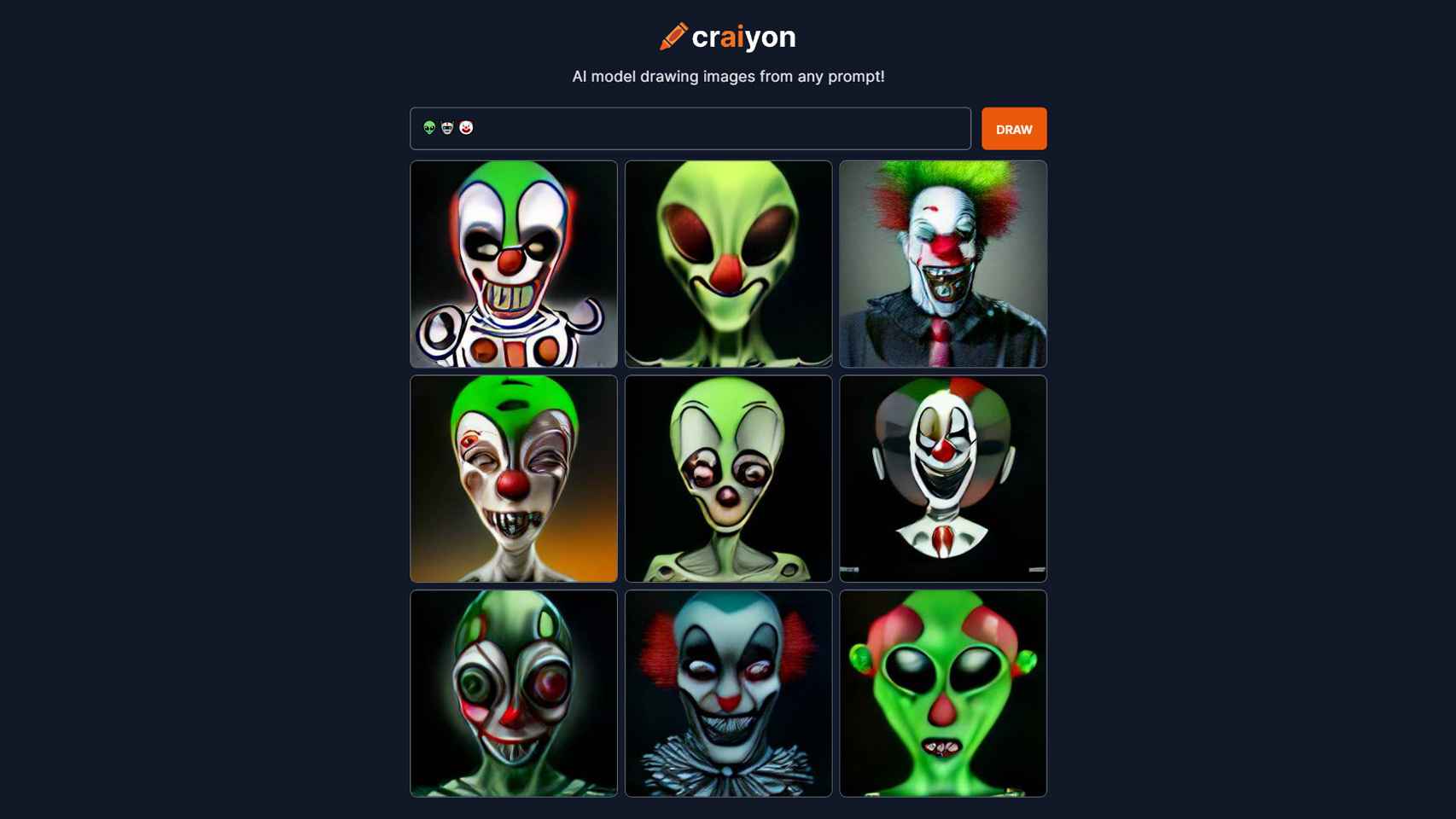 Imágenes generadas por Craiyon a partir de emojis de extraterrestre, robot y payaso.