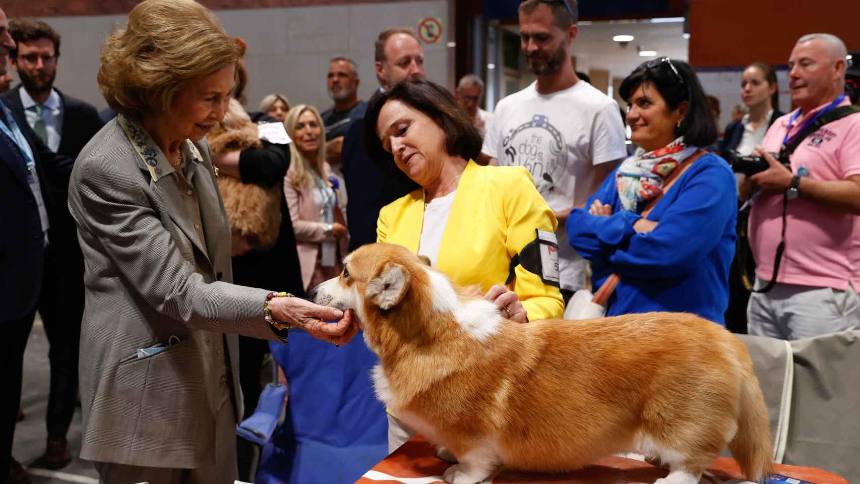 La reina Sofía saludando a uno de los perros participantes en el World Dog Show.