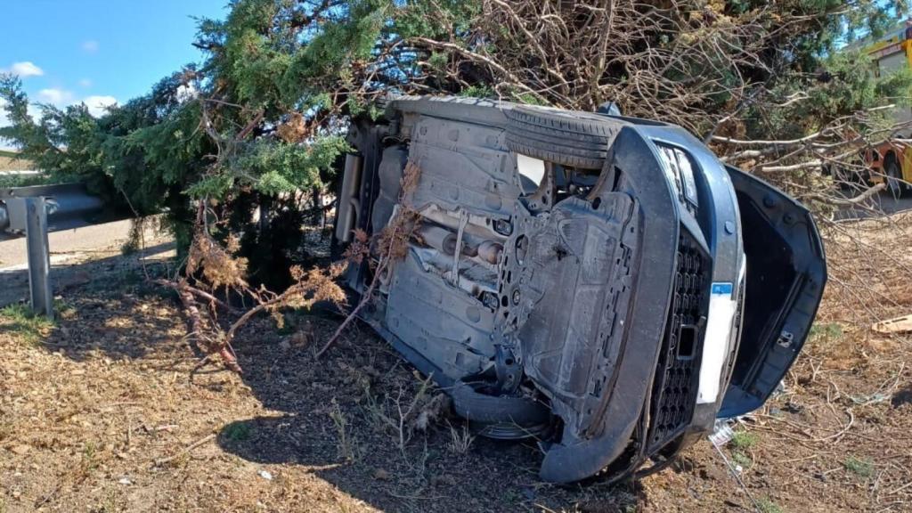 El coche siniestrado tras colisionar contra los arbustos de la mediana de la A-6