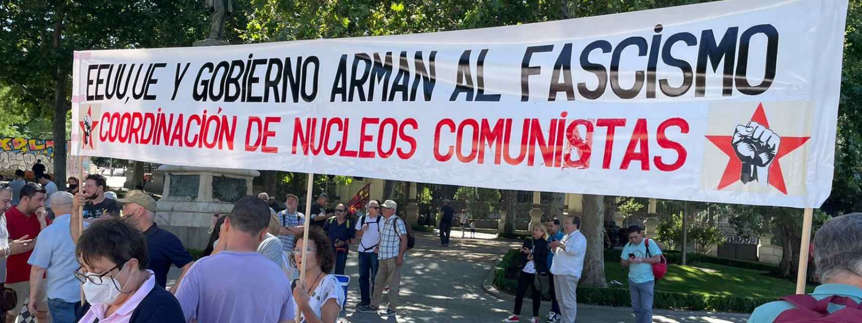 Una de las pancartas que se mostrarán durante la manifestación contra la OTAN de Madrid