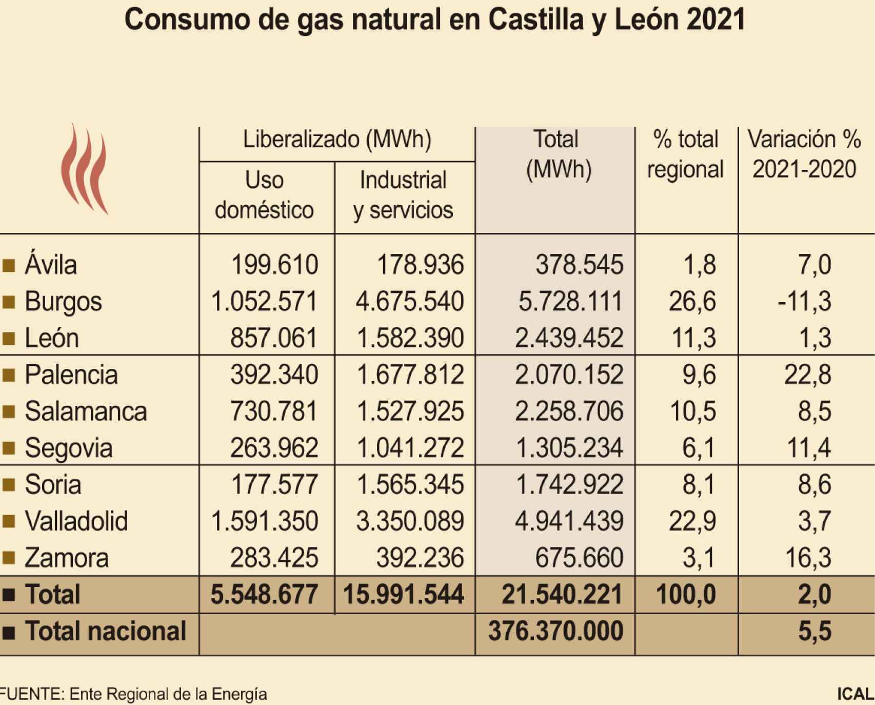 Consumo de gas natural en Castilla y León 2021