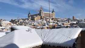 El Alcázar de Toledo nevado por el temporal Filomena.