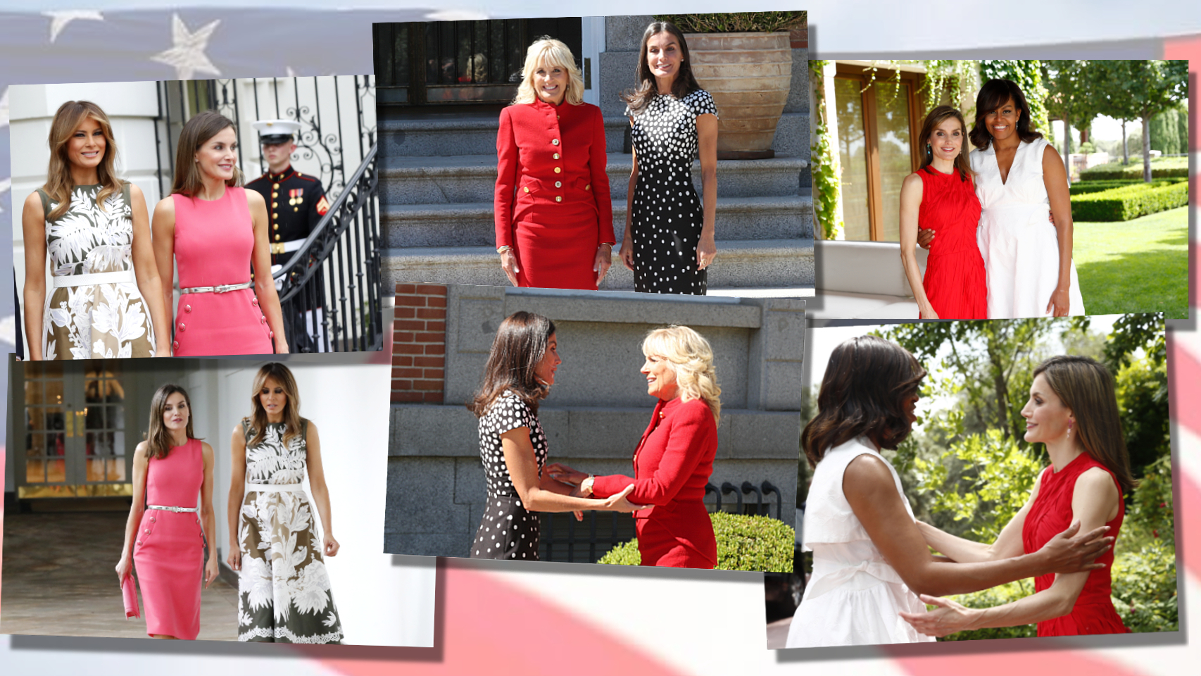 Letizia con las tres últimas primeras damas de EEUU: Michelle Obama, Melania Trump y Jill Biden.