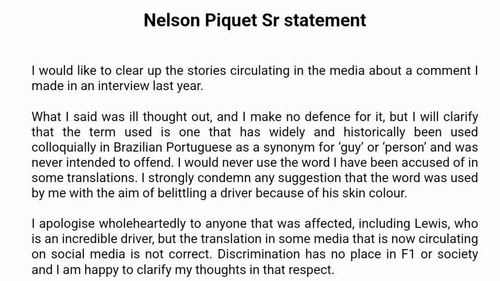 El comunicado de Nelson Piquet.