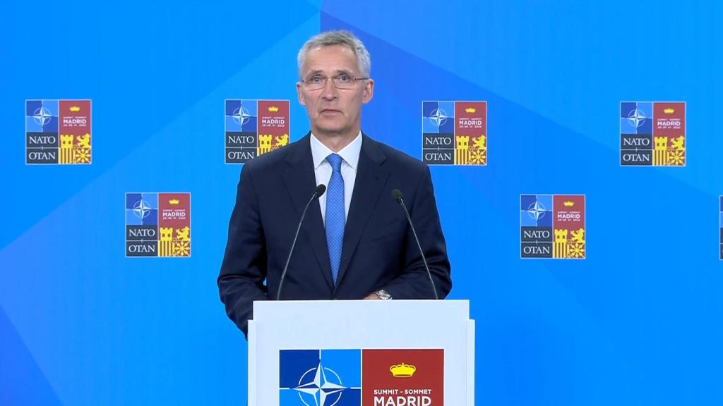 Jens Stoltenberg, secretario general de la OTAN, en la cumbre de Madrid durante rueda de prensa.