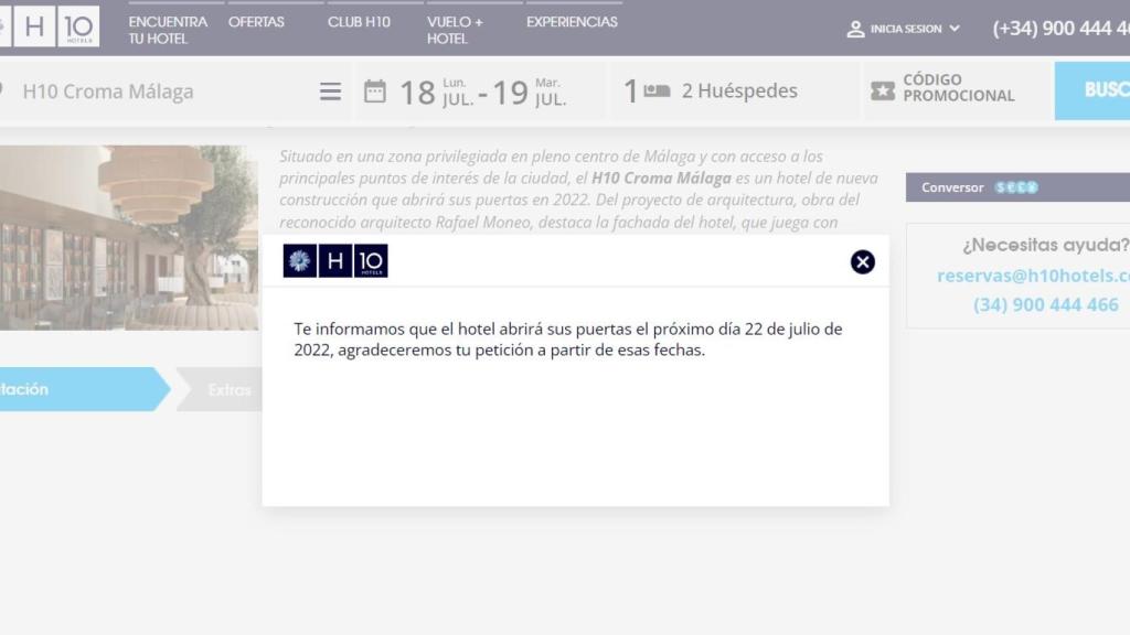 Mensaje que aparece en la web del H10 Croma Málaga cuando se hace una reserva.