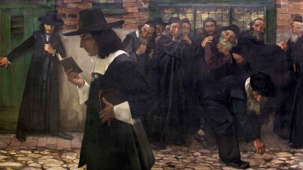 Pintura de Samuel Hirszenberg (1907), representando el rechazo que sufrió Spinoza por parte de los judíos.