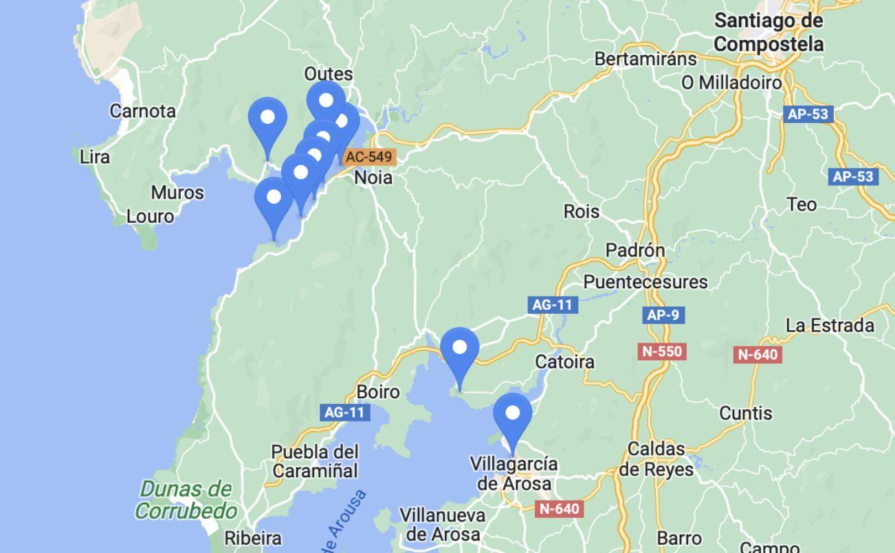 Ubicación de nueve de las playas más cercanas a la capital gallega.
