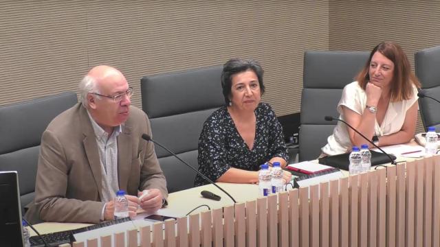 Los ponentes en la primera de las mesas organizadas por la UC3M. De izquierda a derecha:  Carlos Balaguer (catedrático de Ingeniería de Sistemas y Aeronáutica), Victoria Pavón (catedrática de Lengua Española) y Paloma Martínez (catedrática de Ciencias de la Computación e Inteligencia Artificial).