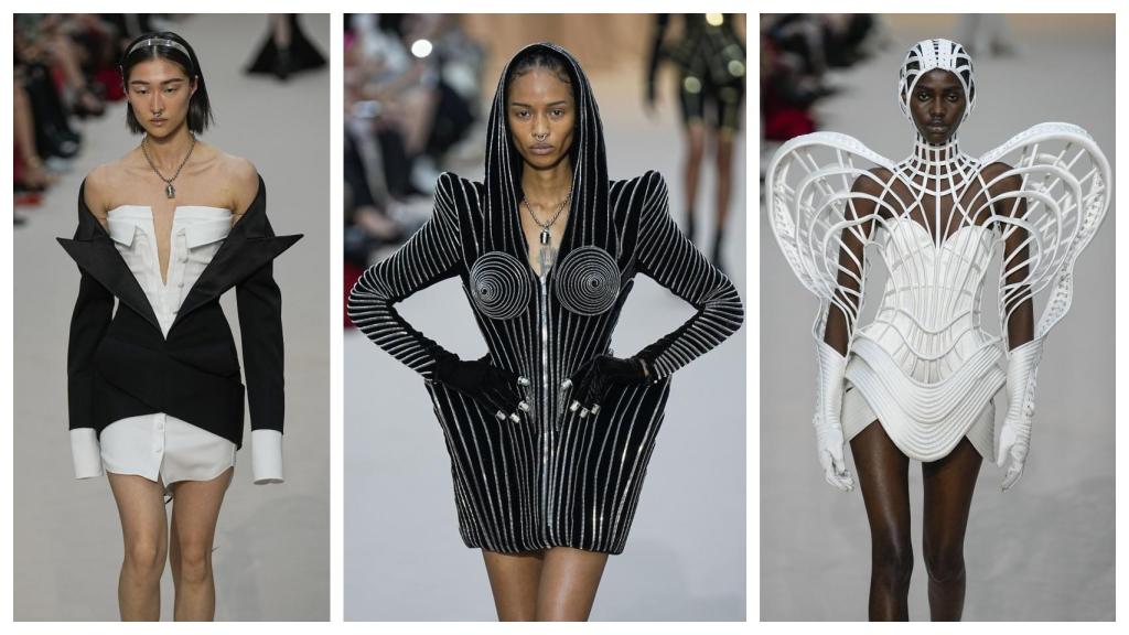 Tres modelos del desfile de Oliver Rousteing para Jean Paul Gaultier.