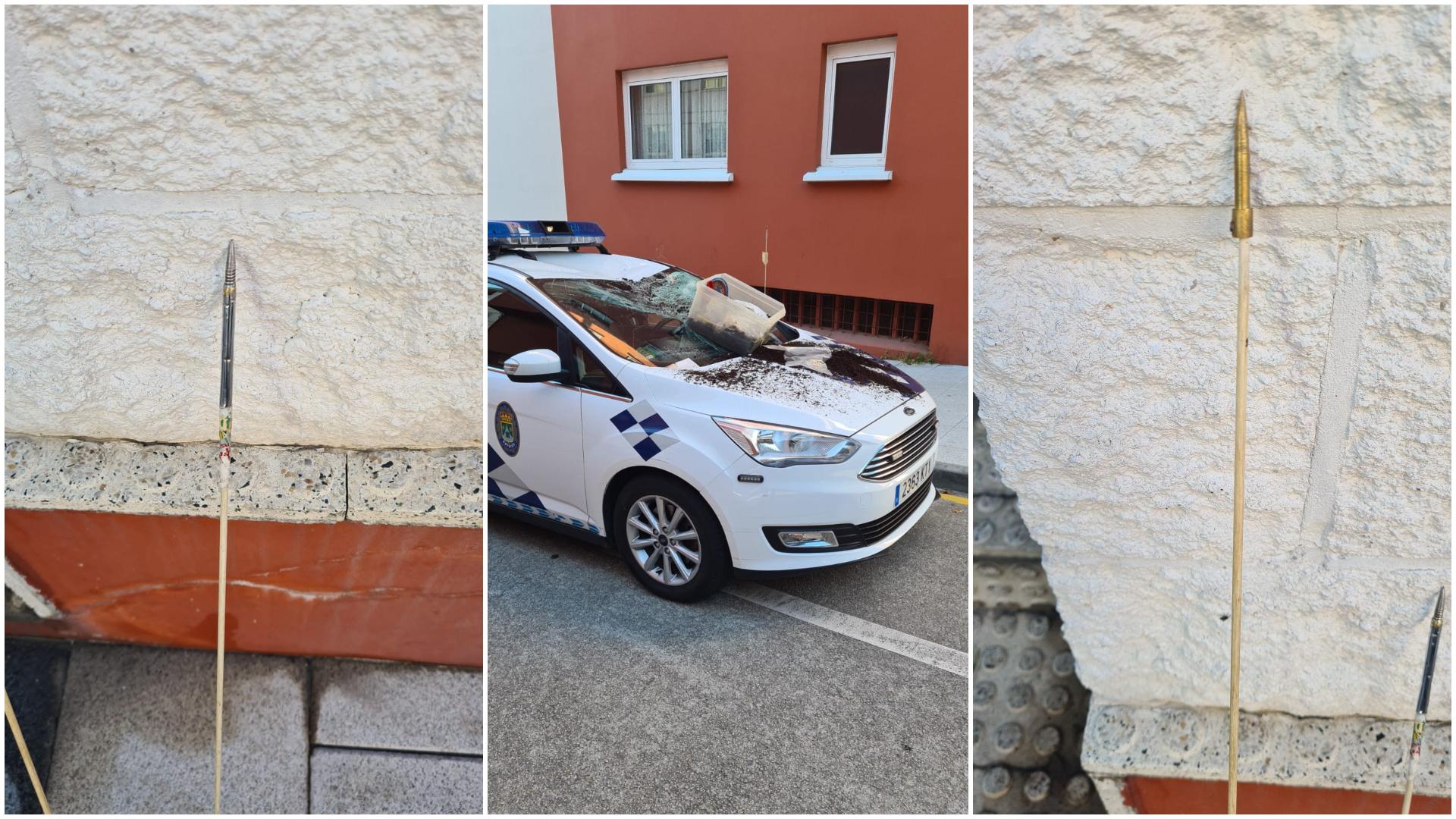 Flechas y una caja de chatarra sobre el coche de la Policía. Foto: Guardia Civil