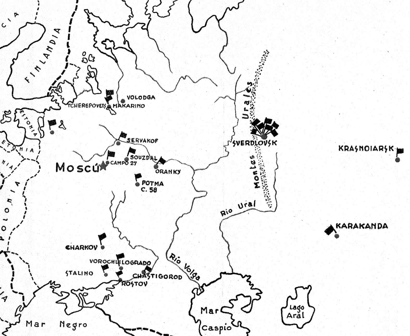 Mapa de los campos soviéticos recorridos por los españoles.
