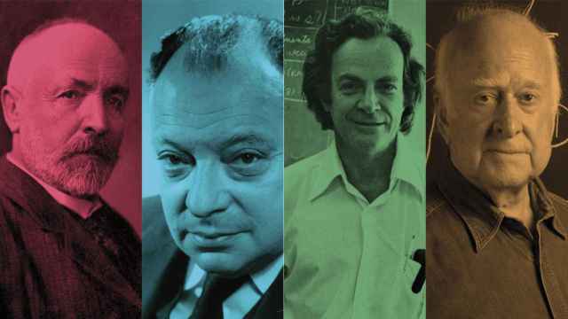 Los científicos Georg Cantor, Wolfgang Pauli, Richard Feynman y Peter Higgs