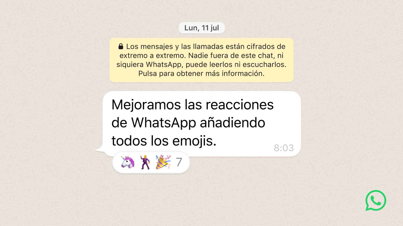 Se puede reaccionar a mensajes con cualquier emoji.