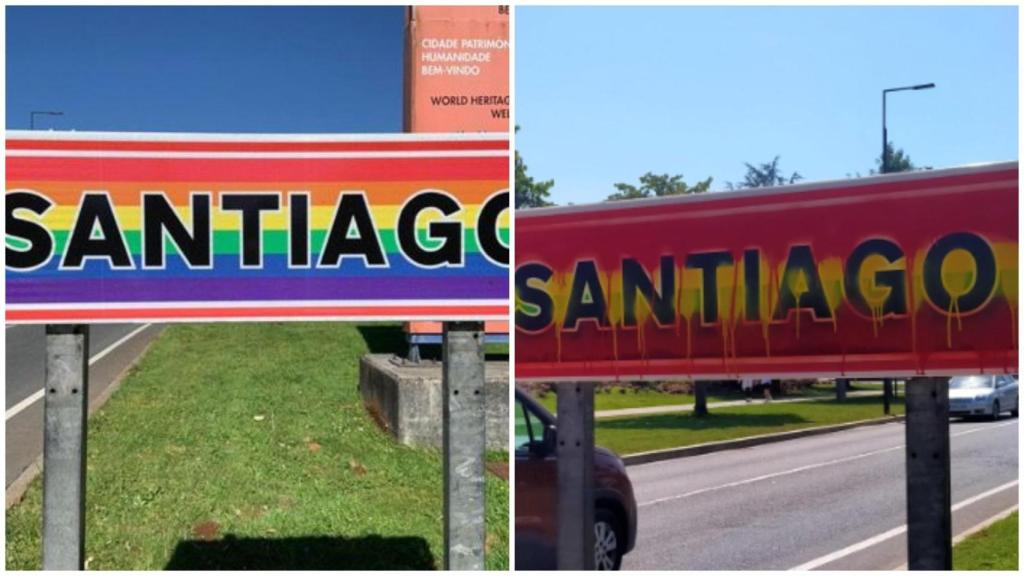 El Ayuntamiento de Santiago condena la pintada en el letrero que lucía la bandera LGTBI