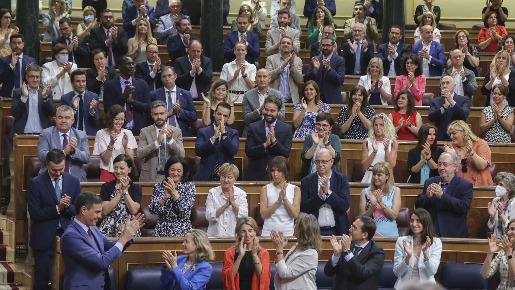 El Grupo Parlamentario Socialista aplaude a Pedro Sánchez en el Congreso.