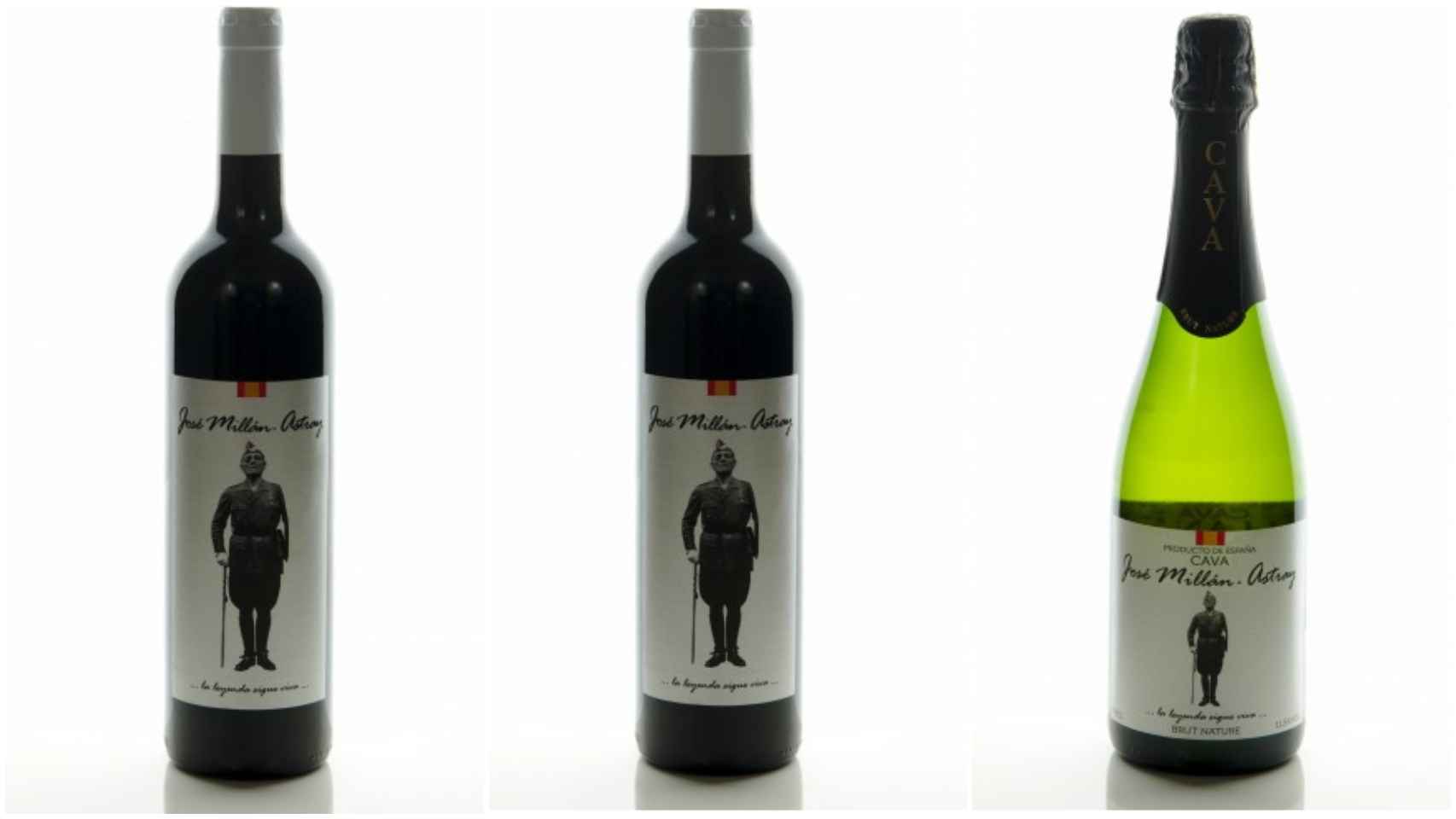 De izquierda a derecha, el vino blanco, el vino tinto y el cava dedicados a Millán-Astray.