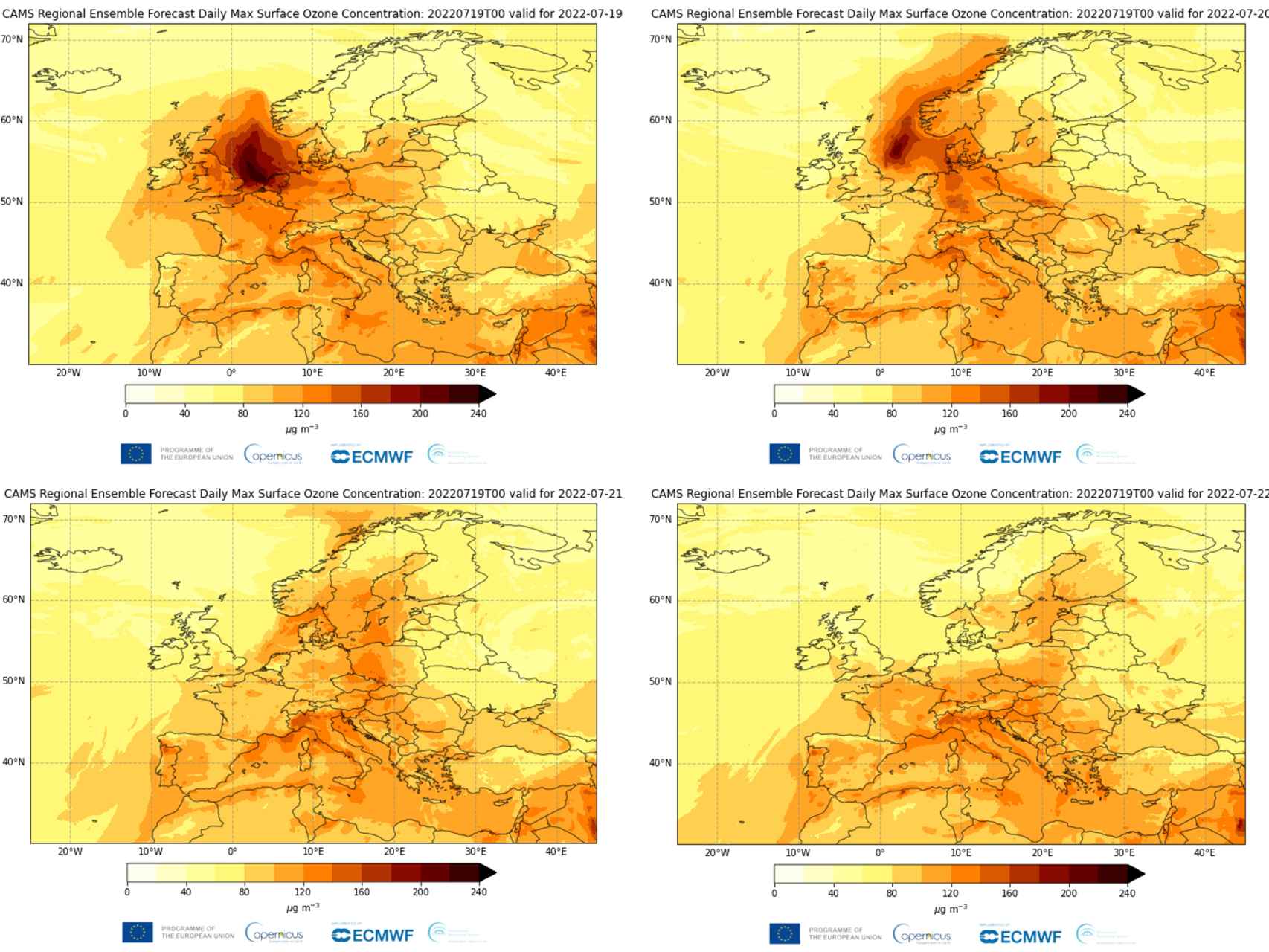 Gráfico que muestra una predicción de cómo evolucionarán los niveles de ozono en Europa durante los próximos días.