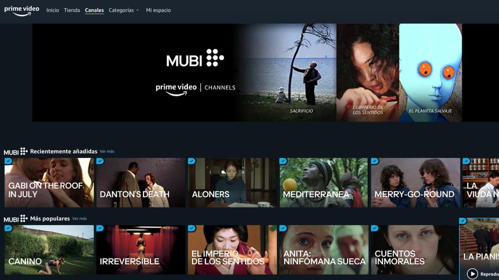 Así se ve el catálogo de Mubi una vez nos suscribimos desde Prime Video.