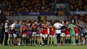 Las jugadoras de la selección española de fútbol celebran el pase a los cuartos de final de la Eurocopa