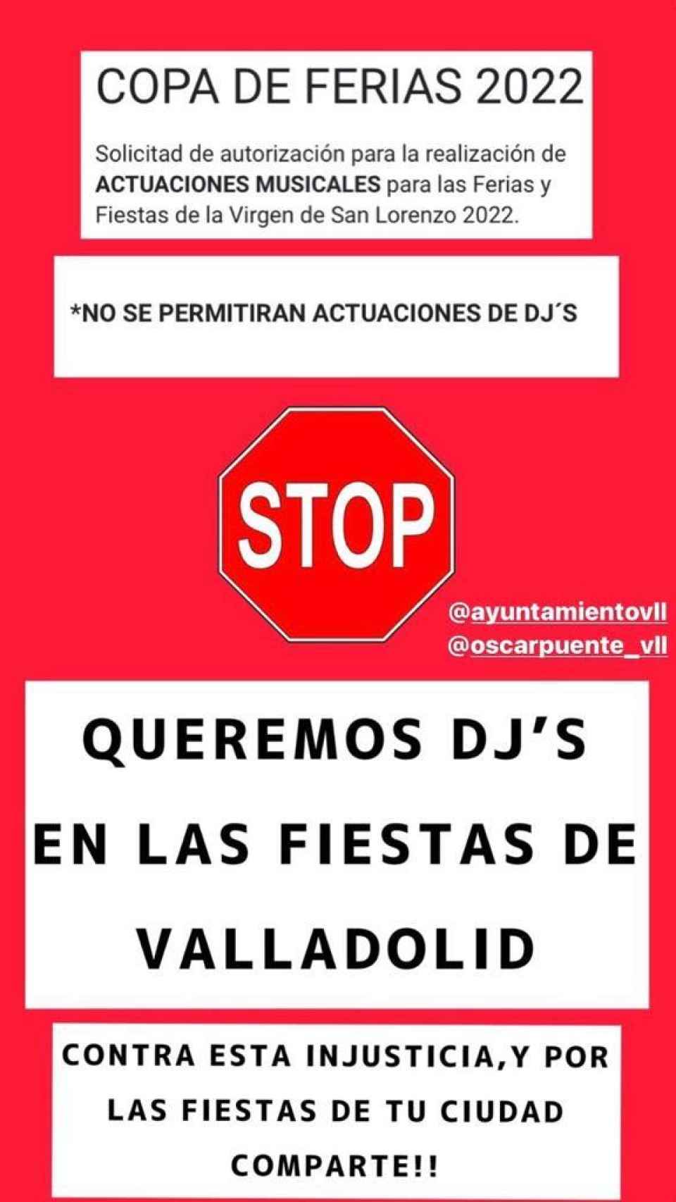 Mensaje de no participación de los DJs en las fiestas de Valladolid