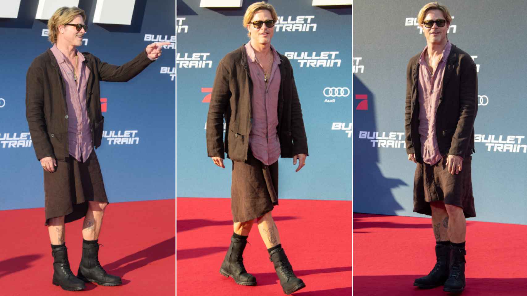 Brad Pitt con una falda de lino en el estreno de 'Bullet Train'.