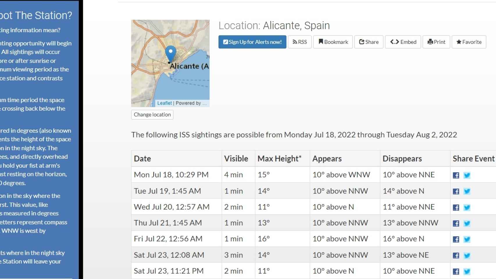 Datos de la web de la NASA spotthestation para la ciudad de Alicante.