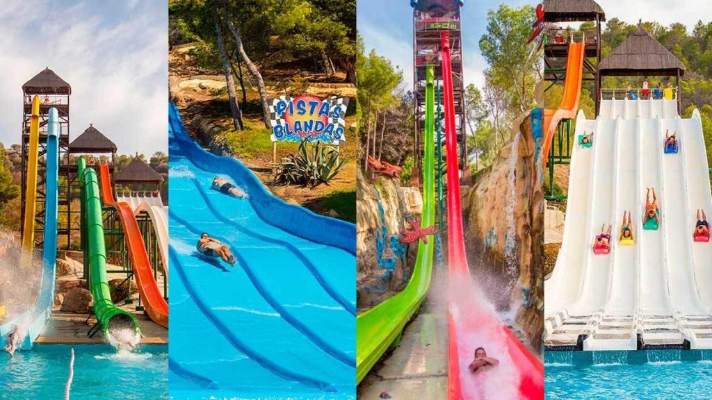 Varias atracciones de Aqualandia, el parque más veterano de Benidorm.