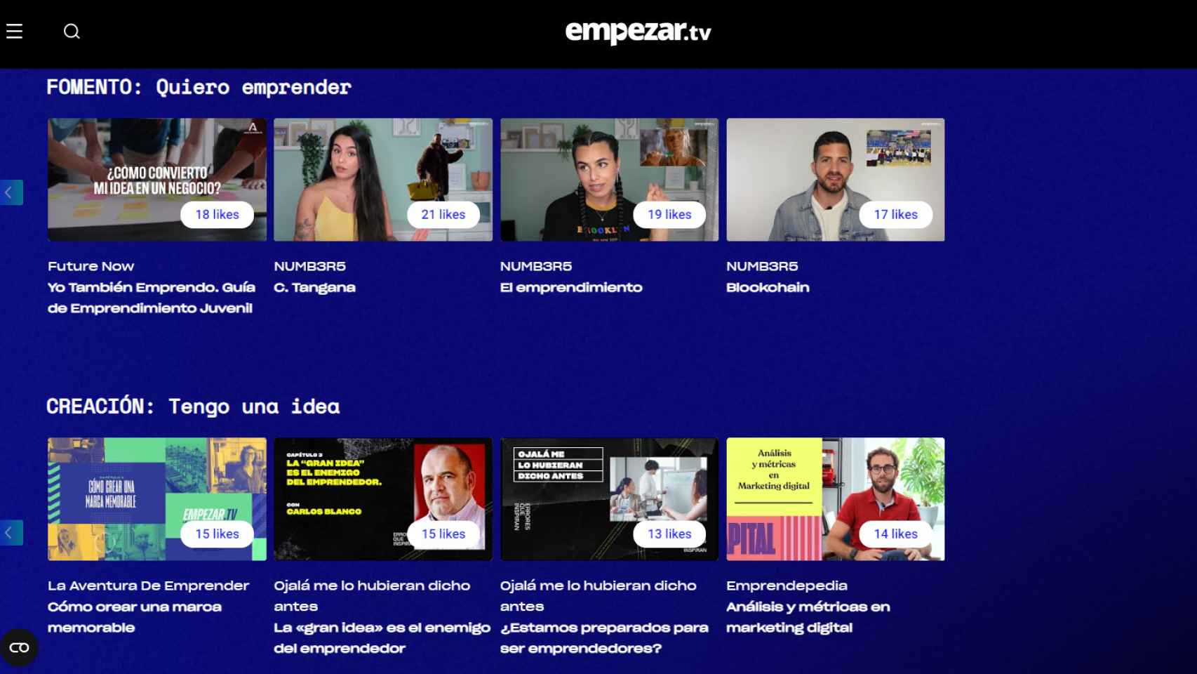 'Frontpage' de la plataforma Empezar.tv.