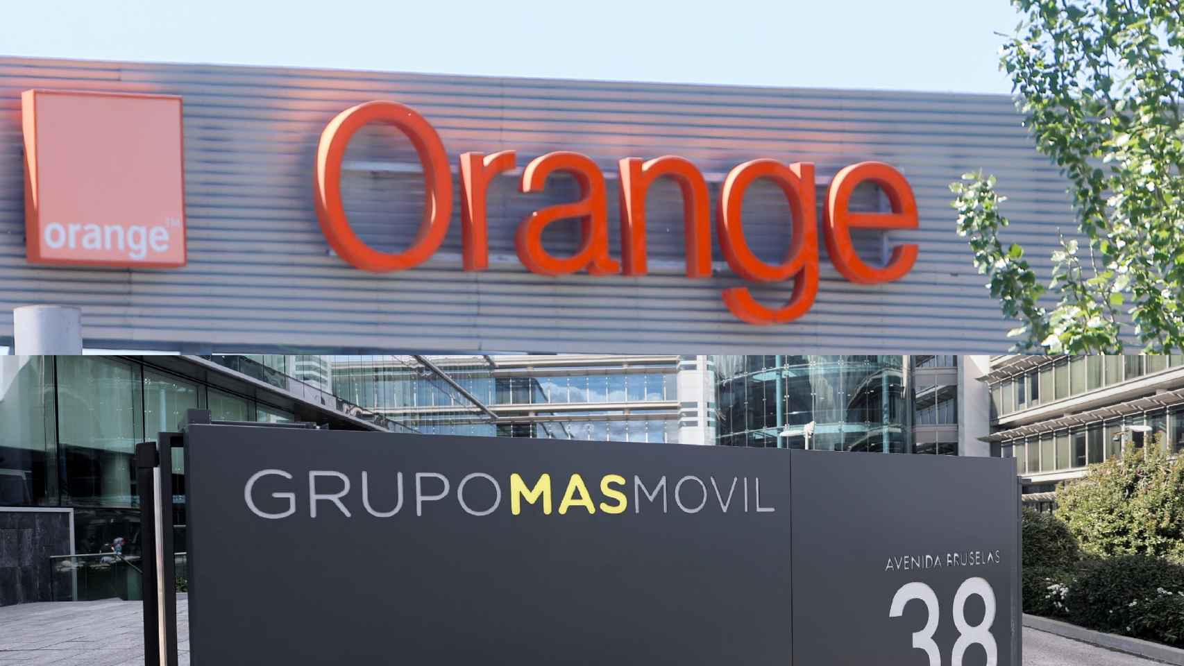 Logos de Orange y MásMóvil en sus respectivas sedes en Madrid.