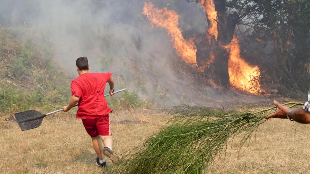 Una persona ayuda a apagar el fuego de Folgoso do Courel.