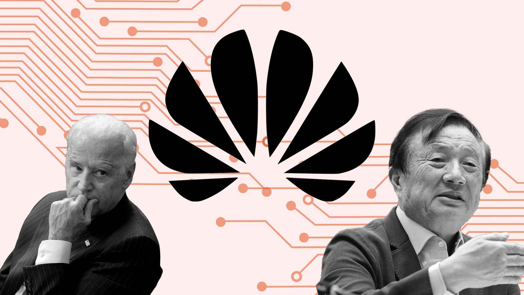 Fotomontaje con el logo de Huawei, Joe Biden y el CEO de Huawei, Ren Zhengfei.