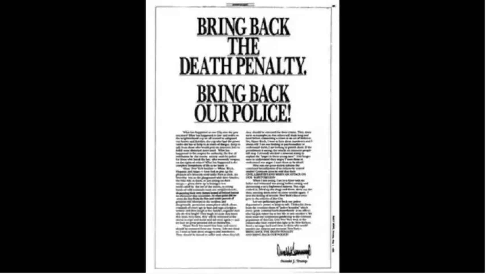 La publicación de Donald Trump en los periódicos de 1989.