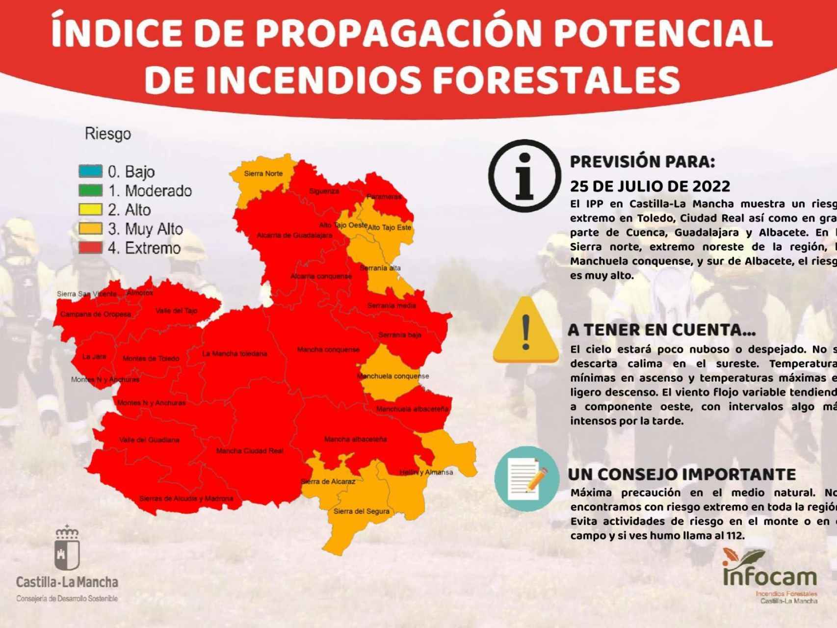 Índice de Propagación Potencial de Incendios Forestales para este lunes 25 de julio de 2022