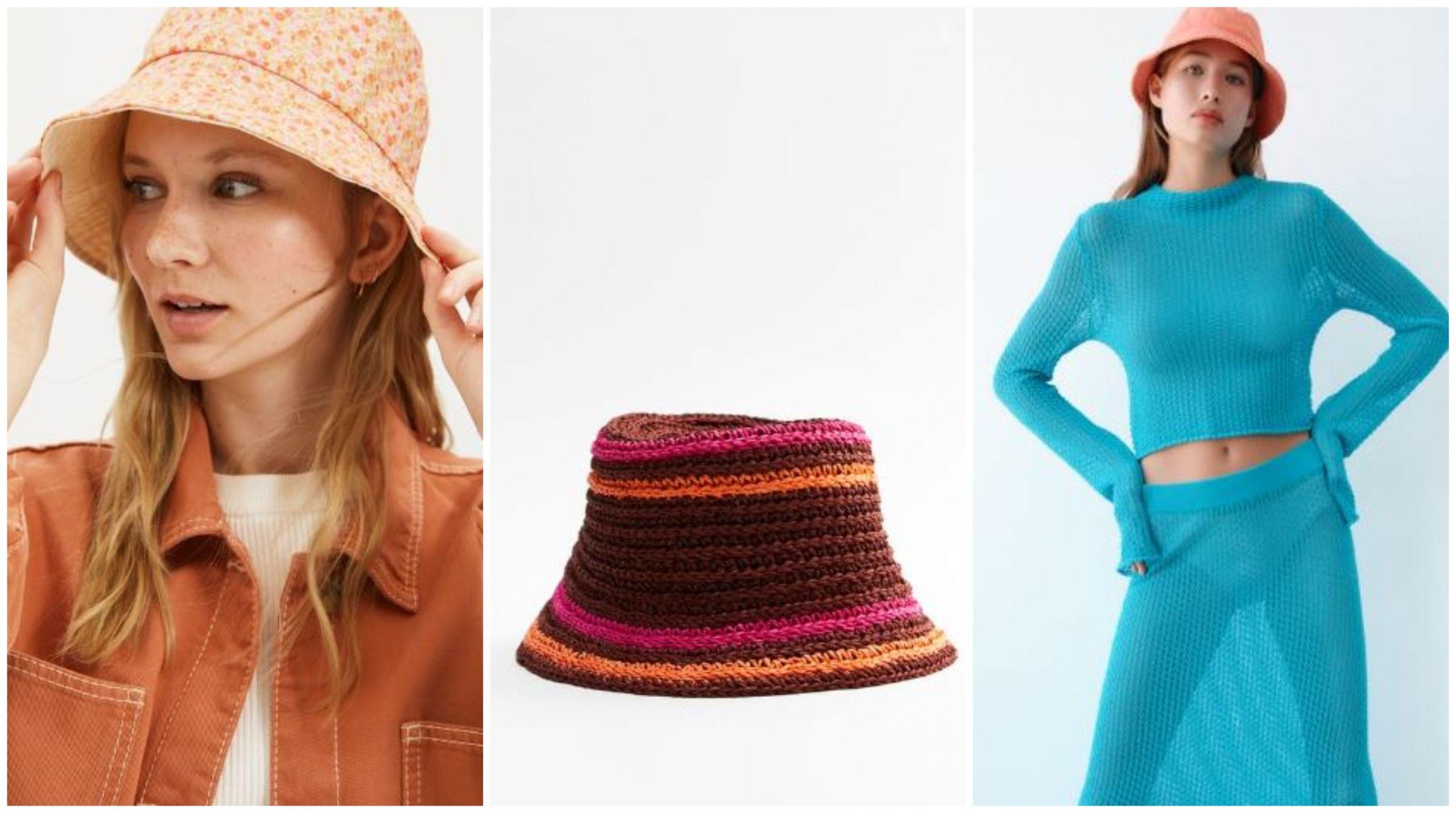 De izquierda a derecha: Gorro Bucket Reversible (Pull&Bear.com), Sombrero efecto crochet (Zara.com), Gorro bucket (zara.com)