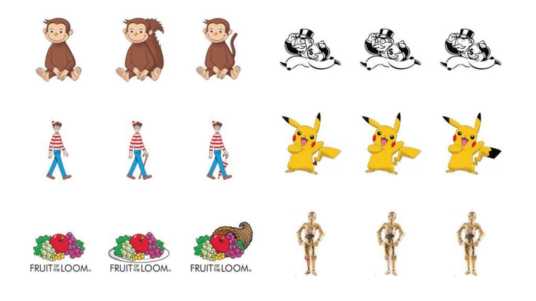 Las versiones correctas son: Jorge el curioso (izquierda), Mr. Monopoly (derecha), ¿Dónde está Wally ? (centro), Pikachu (izquierda), Fruit of the Loom (izquierda), C-3PO (centro).