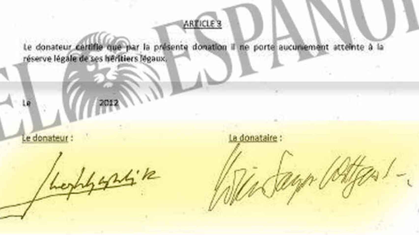 La firma de Juan Carlos y la de Corinna.