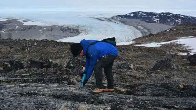 El catedrático de la UVa Enrique Serrano durante su estancia en Groenlandia, obteniendo muestras de roca.