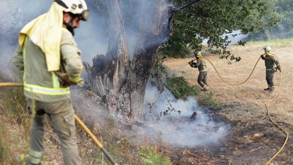 Varios bomberos trabajan en la extinción del fuego de Folgoso do Courel.