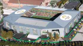 El Stade Geoffroy-Guichard con la decoración de París 2024.