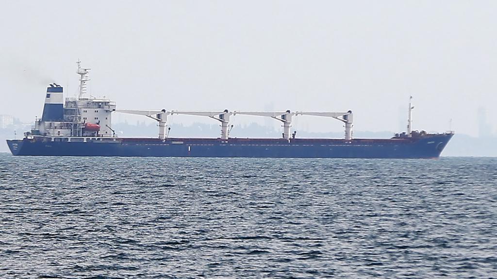 El buque de carga con bandera de Sierra Leona 'Razoni' saliendo del puerto de Odesa este lunes.