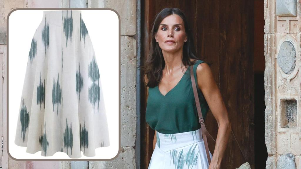 La reina Letizia en un montaje de EL ESPAÑOL junto a la falda que ha lucido en el posado oficial en Palma de Mallorca.