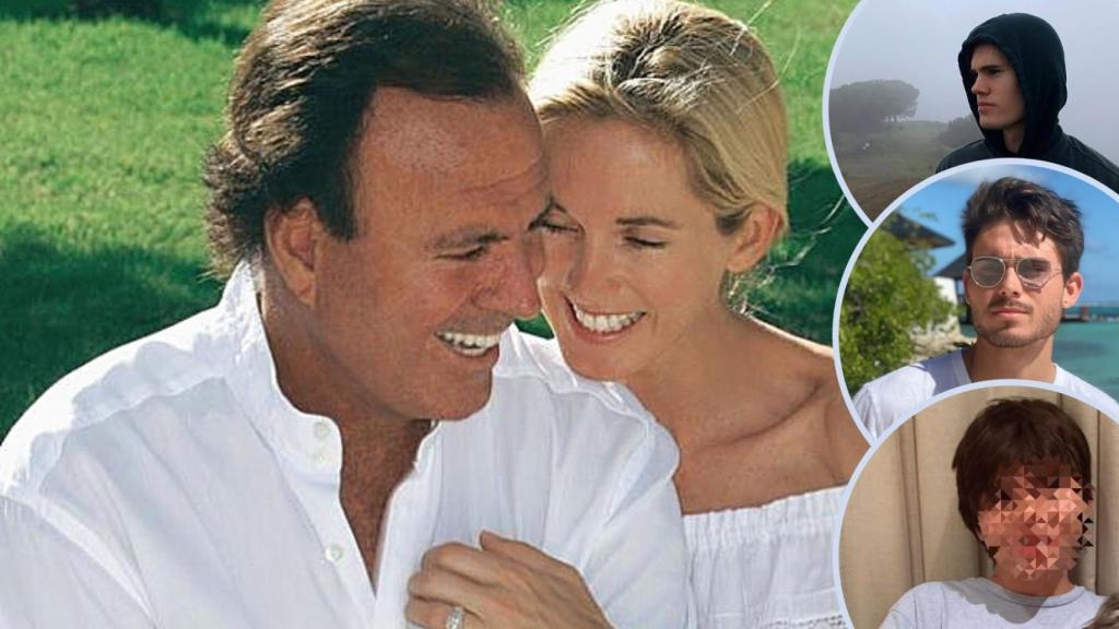 Julio Iglesias, su esposa, Miranda Rijnsburger, y tres de sus hijos en un montaje de EL ESPAÑOL.