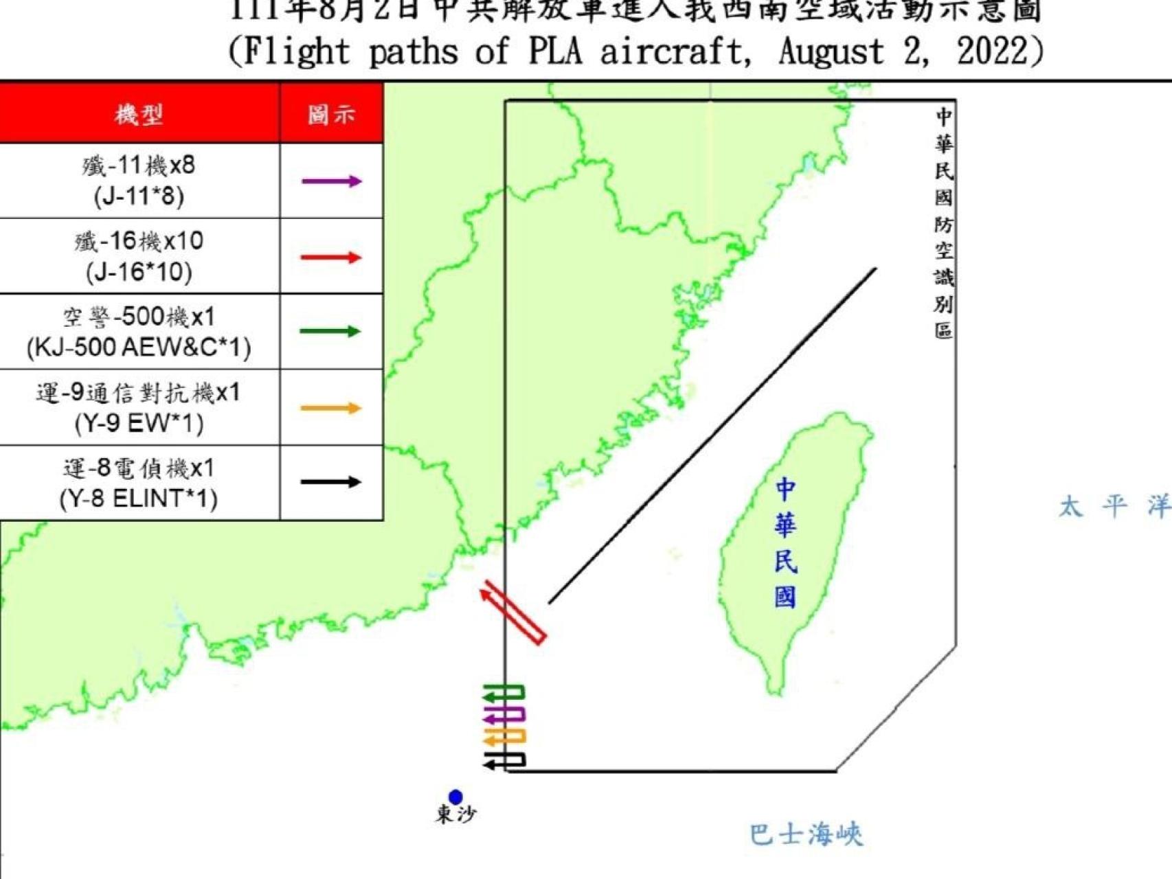 Imagen del Ministerio de Defensa de Taiwán que muestra la incursión de aviones chinos.