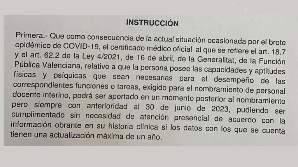 Extracto de la instrucción de la secretaria autonómica Isaura Navarro.