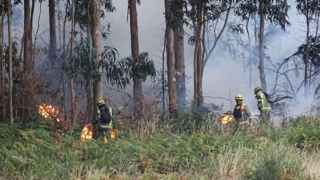 Imagen de los bomberos apagando el fuego del Castro de Elviña de A Coruña