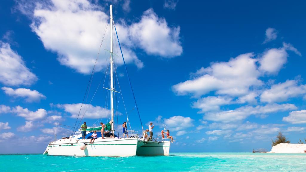 Un grupo de turistas en un catamarán.