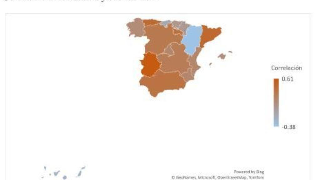 Mapa de cómo afectaría el calor a la mortalidad; las comunidades más oscuras son las más afectadas.