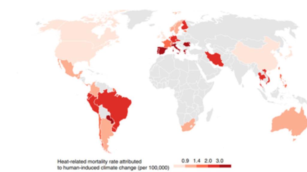 Mapa de muertes atribuibles al cambio climático.